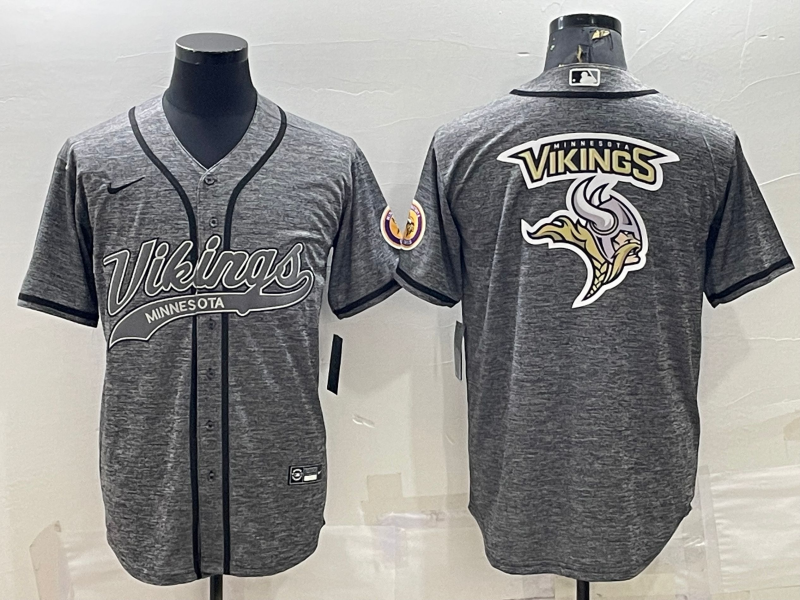 Men's Minnesota Vikings Grey Team Big Logo With Patch Cool Base Stitched Baseball Jersey